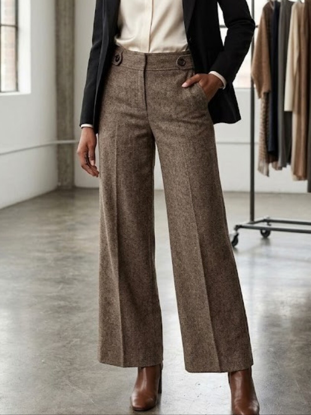 Ann Taylor LOFT Wide-Leg Tweed-Style Brown Pants Wool Silk Blend Size 8